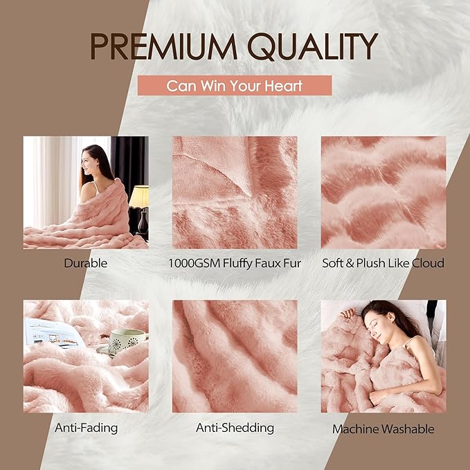 Luxury 1000GSM Faux Rabbit Fur Throw Blanket, Super Heavy Warm Cozy Blankets for Couch Bed Sofa, Bubble Plush Fuzzy Elegant Soft Reversible Mink Blanket for Living Room Bedroom, Pink