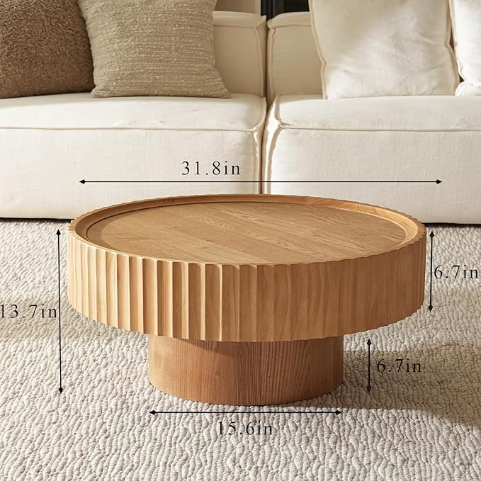Round Coffee Table, Modern Living Room Tables with Mushroom Shape and Grooved Design, Large Coffee Tables, Circle Pinewood Center Table for Living Room (Nature Wood, 31.8''L×13.7''H)