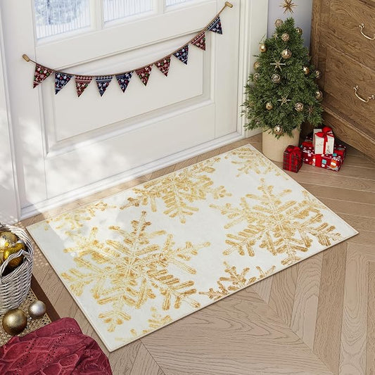 Lahome Snowflake Christmas Rugs for Entryway, 2x3 Christmas Kitchen Rugs Non Slip Merry Christmas Door Mat Indoor, Washable Small Rug Holiday Decor Carpet for Bathroom Entry Bedroom(2x3ft,Gold)