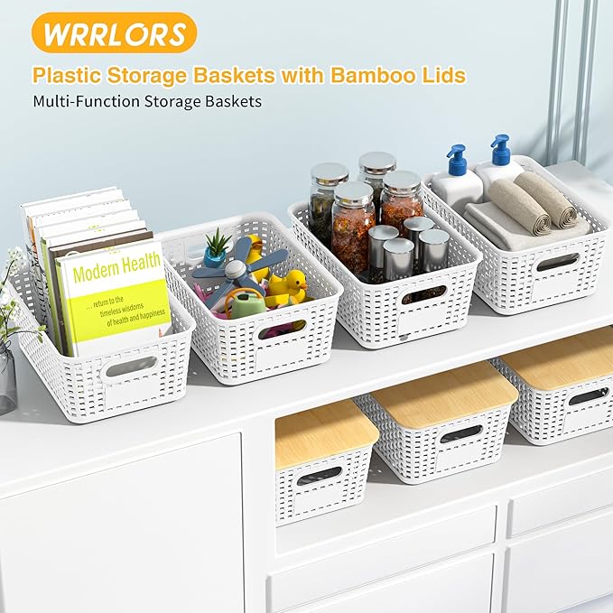 6 Pieces White Plastic Storage Baskets with Bamboo Lids with Labels Stackable Storage Containers for Organizing Shelves Drawers Desktop Closets Office