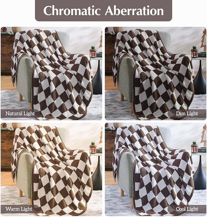 WRENSONGE Checkered Throw Blanket, Coffee Soft Cozy Fluffy Warm Hand Made Throw Blankets for Couch, Sofa, Chair, Bed, Camping, Picnic, Travel Lightweight Bed Blanket - 50"*70"