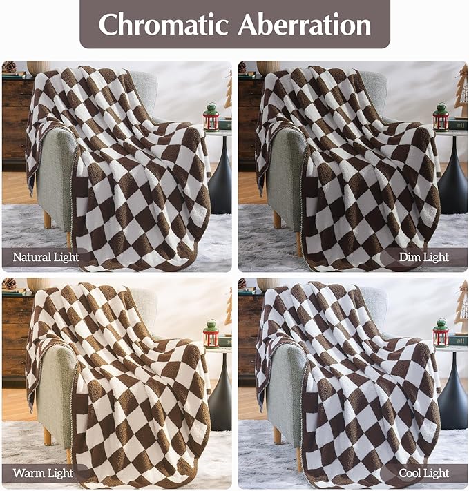 WRENSONGE Checkered Throw Blanket, Coffee Soft Cozy Fluffy Warm Hand Made Throw Blankets for Couch, Sofa, Chair, Bed, Camping, Picnic, Travel Lightweight Bed Blanket - 60"*80"