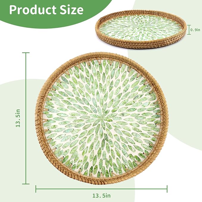 Round Rattan Tray with Mother of Pearl Inlay, Decorative Rattan Serving Tray for Home Boho Decor, Coffee Table, Bread, Food, Tea, Ottoman Trays-Fruit Wicker Basket, 100% Natural Materials Green- 13.8"