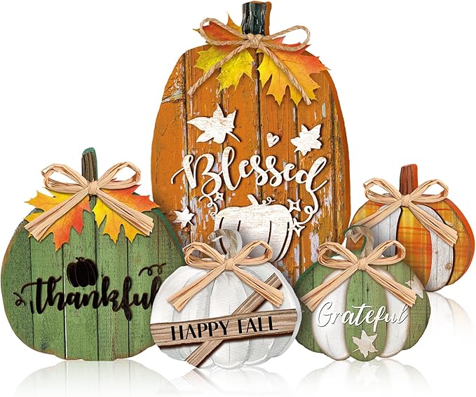 5 Pcs Fall Rustic Pumpkin Decor for Home Thanksgiving Wooden Table Centerpiece Decorations Fall Wooden Pumpkin Signs for Autumn Farmhouse Living Room Kitchen Mantle Tabletop Supplies