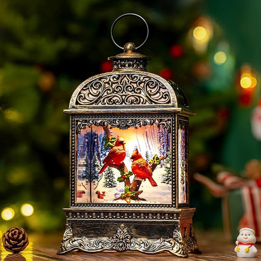 10.2" Christmas Snow Globe Water Lantern with Cardinal Scene Battery Operated or USB Powered Musical Lighted Holiday Decoration for Tabletop Display for Family and Friends