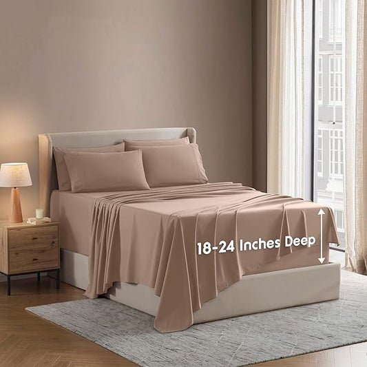 Nestl Extra Deep Twin Sheet Set - 4 Piece Breathable & Cooling Sheets - Hotel Luxury Bedding Set w/18-24 Inch Deep Pockets - Easy & Secure Fit - Super Soft, Wrinkle Free & Comfy - Taupe Sand