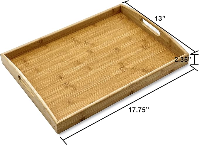 Bam & Boo Natural Bamboo Serving Tray Extra Large Rectangular with Handles for Food, Drinks, Storage, Decor, Vanity, Breakfast, Parties, Weddings, Picnics(17.75” x 13” x 2.35”, Natural)