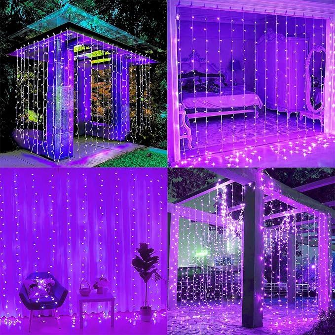 WATERGLIDE 300 LED Curtain Lights, Remote Control Christmas Hanging String Lights, 8 Lighting Mode, Plug in for Indoor Outdoor Halloween Holiday Party Garden Backdrop Wedding Home Decor, Purple