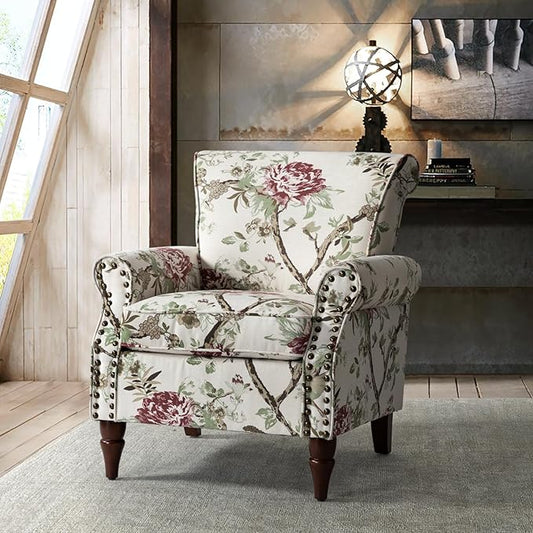 HULALA HOME Modern Wingback Accent Chair with Wood Legs & Removable Cushion, Comfy Upholstered Armchair with Nailhead Trim, Floral Pattern Sofa Chair for Bedroom Living Room, Floral