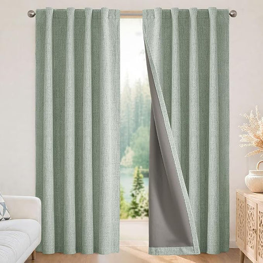 Joydeco Blackout Curtains for Bedroom - 100% Light Blocking 2 Panels Sage Green Drapes 70"W x 108"L, Thermal Insulated Room Darkening Curtains, Linen Textured for Living Room, Rod Pocket & Back Tabs