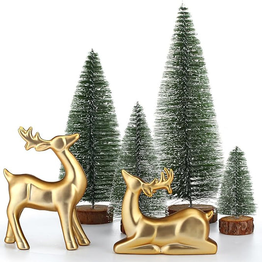 Wesiti 2 Pcs Ceramic Christmas Reindeer Figurines 4 Pcs Mini Christmas Pine Tree Reindeer Decor Deer Statue Sculpture Tabletop Ornaments for Home Mantel Shelves Decor (Gold)
