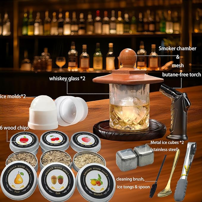 Whiskey Smoker Kit with Torch & 6 Wood Chips - Bourbon Old Fashioned Cocktail Smoker Set, 2 Whisky Glass Sets - Ultimate Birthday Gifts for Men, Dad, Husband (No Butane)