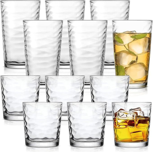 Drinking Glasses Set of 12. Mixed Glassware Set, Everyday Glasses for Cocktail, Beer, Juice Water, 6-13 Oz Rocks Glasses 6-17 oz Tall Kitchen Glass Cups