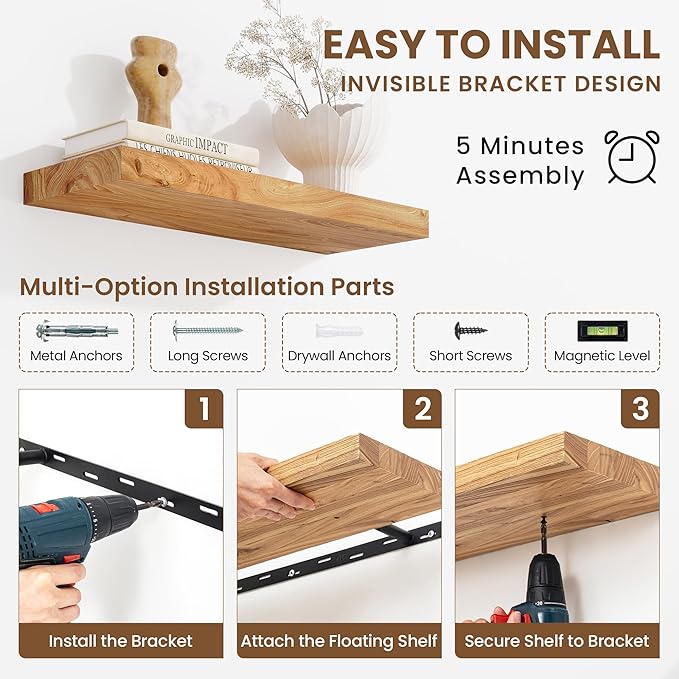 Floating Shelves, 8" Deep Rustic Solid Elm Wood Wall Mounted Floating Shelves, Wall Shelves with Invisible Bracket for Living Room Bathroom Bedroom Kitchen, 40 Inch, Natural