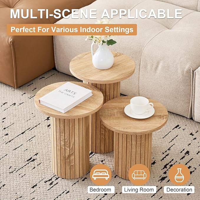 3-Piece Nesting Coffee Table Set, Modern Small Round Wood Side Tables, Fluted Drum Base, for Living Room Bedroom Apartment Small Space, Natual