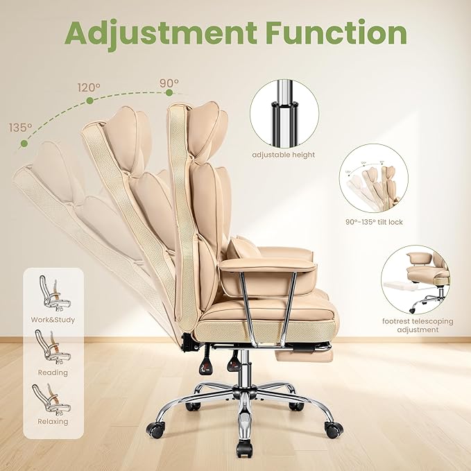 Office Desk Chair 400 LBS, Big and Tall Office Chairs with Footrest, Leather Computer Gaming Chairs with Adjustable Height, Executive Office Chairs with Lumbar Support, Beige
