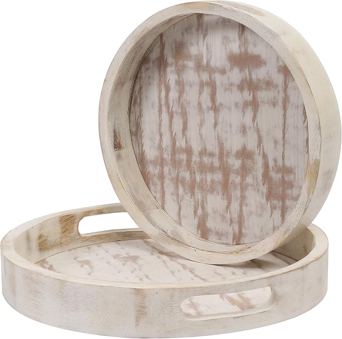 Decorative Coffee Table Tray, Set of 2 White, Wooden Round Serving Tray for Living Room, Wood Ottoman or Side Table, Charcuterie Board Cheese Platter, Fruit Baskets, White Distress, 12x12x1.5