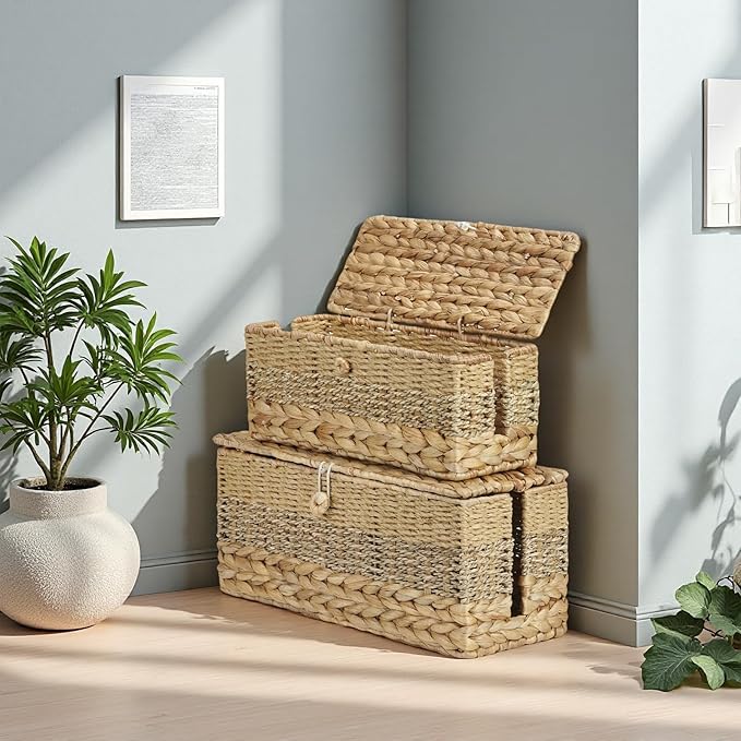 2PCS Cable Organizer Boxes Handmade Wicker Rattan Cord Management Box Adapter Power Strips Outlet Router Hider Cover Under Desk Electrical Wire Storage Organizer with Lid (1 Large 1 Medium)