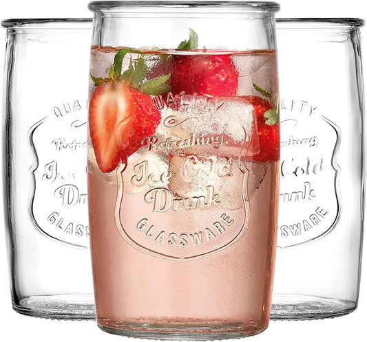 Glaver's Set of 8 Highball Glass Cups 20 OZ Stemless Tall Drinking Glasses For Everyday Use, Vintage Ice Cold Logo Tumbler Glassware for Bar, Juice, Cocktails, Beer, Water glasses.