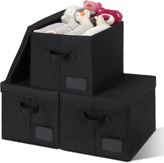 GRANNY SAYS Storage Bins with Lids, Storage Bins for Linen Closet Shelves, Decorative Storage Boxes, Clothes Storage and Organization for Organizing, 3-Pack, Large, Black