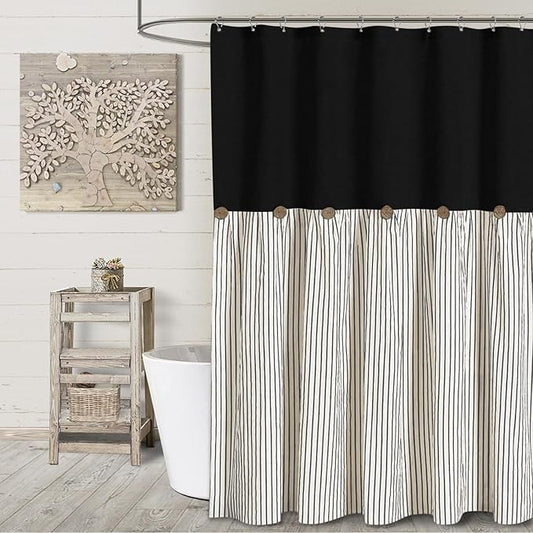 Awellife Farmhouse Black Shower Curtain Button Linen Textured Woven Fabric,Pleated Black Stripe,Country Style,72x72 Inch