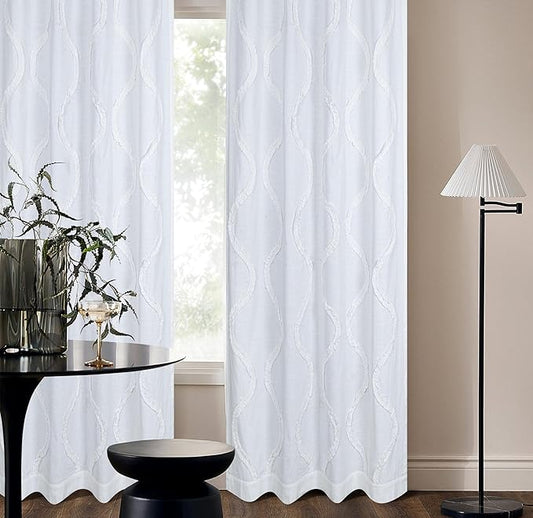 Bedding Craft White Cotton Farmhouse Tab Top Curtains Set of 2, 96" Long x 50" Wide, White 2 Panel Drapes Curtains,Frill Trim Semi Sheer Light Filtering Drapes, Pack of 2