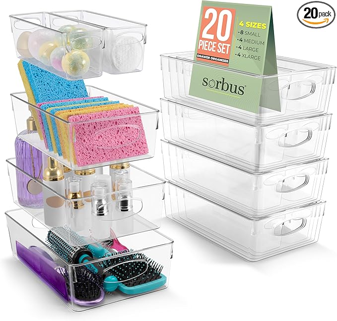 Sorbus Clear Plastic Storage Bins for Organizing, 20 Pack Clear Organizer Bins with Handles, Plastic Storage Bins for Closet, Pantry, Fridge, Medicine Cabinet Organizer, Shelves, Freezer, Drawer
