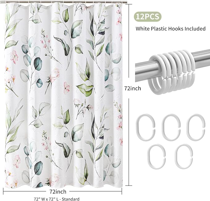 QIYI Watercolor Eucalyptus Shower Curtain, 3D Embossed Butterflies Floral Bathroom Curtain, Minimalist White Farmhouse Bath Curtain, Waterproof Fabric Green Leaves Shower Curtain Set with Hooks, 72x72