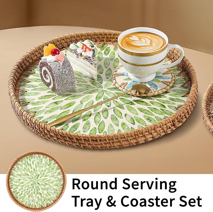 Round Rattan Serving Tray with Mother of Pearl Inlay & Coaster, Boho Wicker Basket, Decorative Coffee Table Tray for Table Decor, Storage and Display of Coffee Bread Fruit (Leaf)
