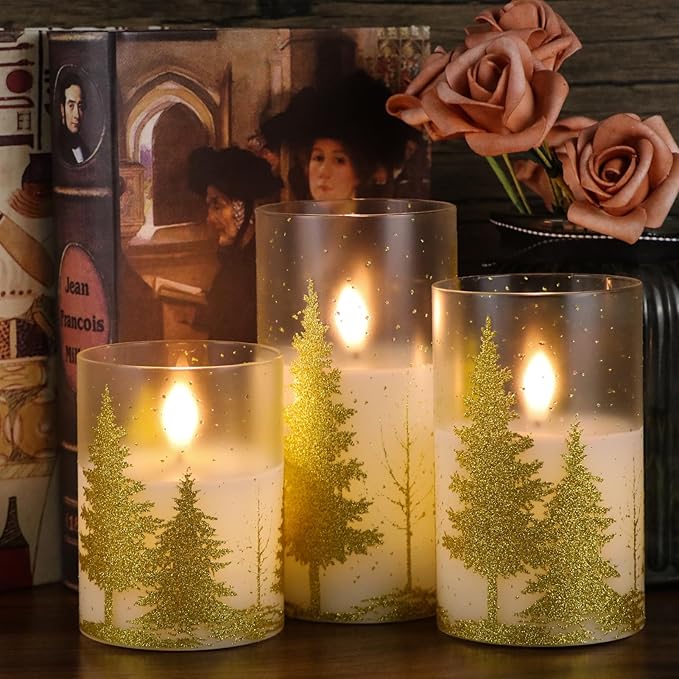 DRomance Christmas Tree Glass Flameless Candles with Remote Timer Battery Operated Real Wax 3D Wick LED Flickering Pillar Candles Christmas Holiday Decor(Gold, 3 x 4,5,6 Inch)