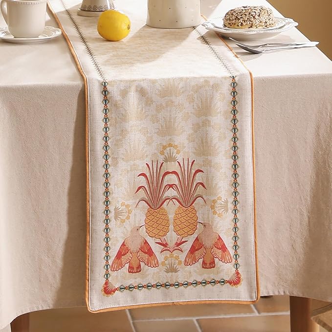 patdrea Designer Tropical Linen Table Runner 102 Inch Long, Yellow Vintage Elegant with Pineapple Pattern Table Mat,Decoration for Kitchen Dining Coffee Table Cover Banquet Christmas , 12"*102"