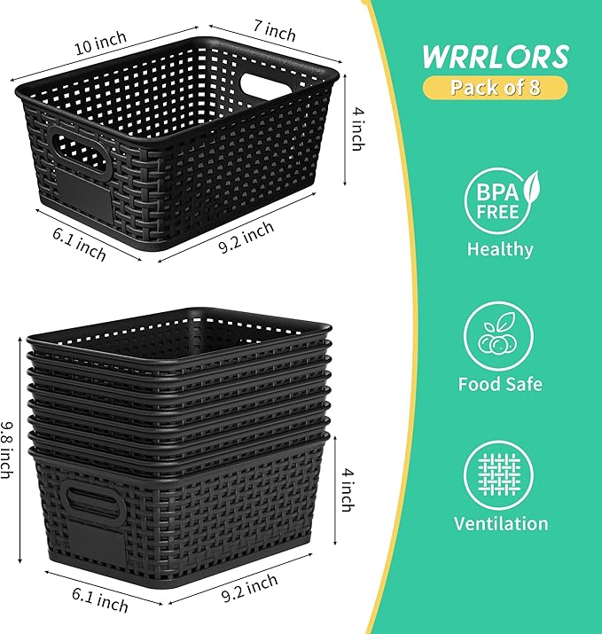 8-Pack Black Plastic Storage Baskets with Lids, Label Organizers, Stackable Organizer Containers: For Organizing Shelves, Drawers, Desk Closets, Playrooms, Classrooms, Offices