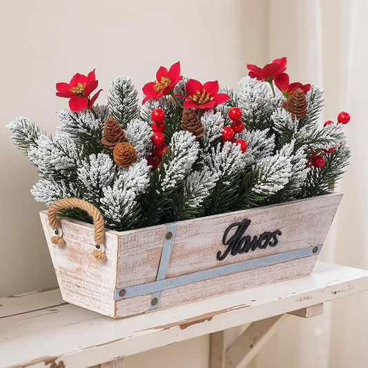 Artificial Christmas Centerpiece with Snowy Norfolk Pine Garland, Poinsettias, Berries & Pine Cones in Rustic Wood Planter – Holiday Table Decoration for Home, Kitchen, Office, or Mantel