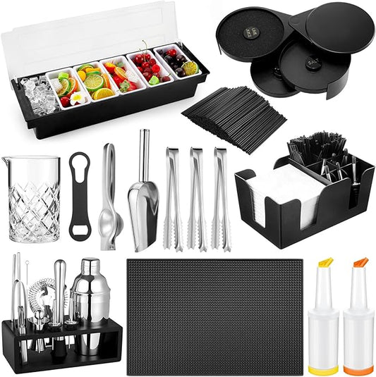 Mifoci 28 Pcs Bartender Kit, Garnish Tray for Bartenders with Lid Bar Caddy, 3 Tier Glass Rimmer, 17 Pcs Margarita Cocktail Shaker Set with Bar Mixology Accessory for Home Beginners Margarita Kit Gift