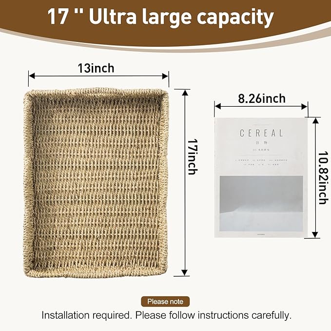 Wicker Tray, Handwoven Woven Tray with Handles and Scalloped Edge, Rectangle Wicker Basket for Home Decor and Organizing, 16.9" L x 12.9" W x 1.96" H