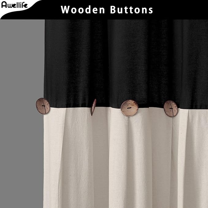Awellife Farmhouse Cream Shower Curtain Button Linen Textured Woven Fabric,Country Style (Black & Cream, 72" W x 72" L)
