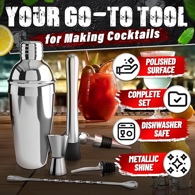 Bar Tool Set – Stainless Steel Mixed Drink Shaker Set with 10 Accessories, Durable & Easy to Clean – Bartender Kit with Stand | Wooden Organizer for Home Bar Setup, Great Gift for Cocktail Enthusiasts