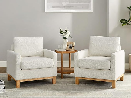 VANOMi Accent Chair 29.5" Reading Chair, Modern Living Room Chair with Thick Cushion&Wood Base, Comfy Upholstered Boucle Armchair, Single Sofa for Bedroom, Office, White Set of 2