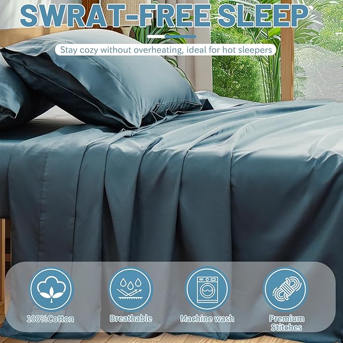 Extra Deep Pocket King Sheets 18-24 Inch 100% Egyptian Cotton 1000 Thread Count Sateen Weave Soft Breathable 4 Pieces（King，Lake Blue）