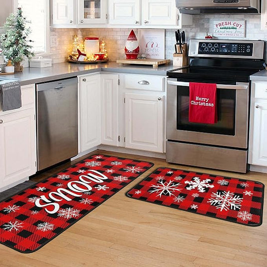Buffalo Plaid Christmas Kitchen Rugs and Mats Set of 2 PCS, Xmas Snow Winter Holiday Party Low-Profile Floor Mat Merry Christmas Decorations for Home Kitchen - 17"x47"+17"x30"