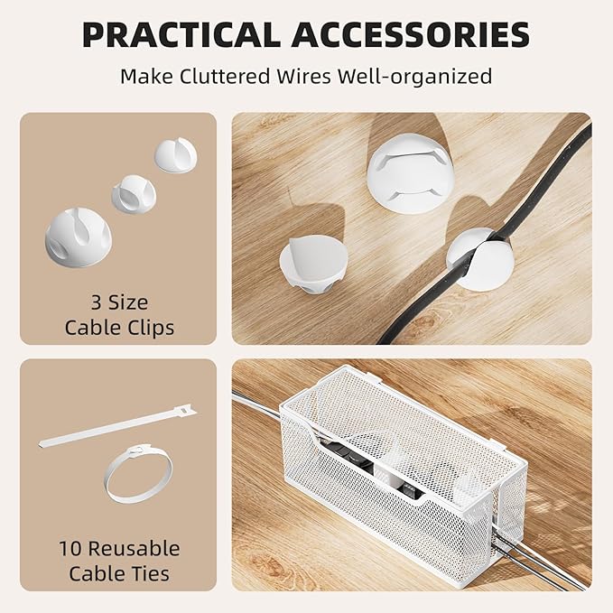 3 Pack Cable Management Box, Metal Mesh Cord Organizer Box for TV Wires, Electrical Hiding, Power Strip – Under Desk Cable Storage Box with Cable Clips&Reusable Cable Ties for HomeOffice - White
