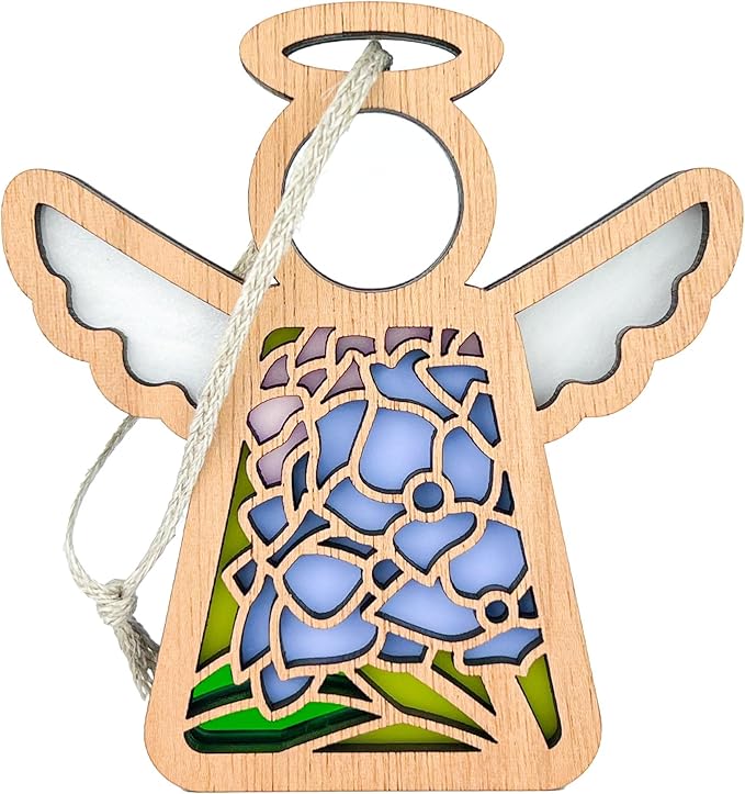 Blue Hydrangea Home Decor - 3.5" (H) Small Wooden Angel Figurines - 3.5" Christmas Ornaments Memorial Mom