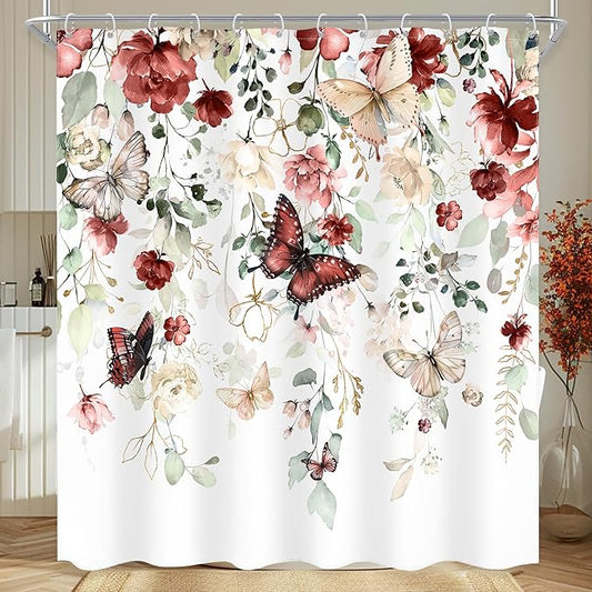 Red Floral Butterfly Shower Curtain 72Wx72L Inch Summer Spring Plant Natural Gold Green Leaves Botanical Bathroom Set Woman Girl Elegant Country Bath Curtain Bathtub Accessories Home Decor