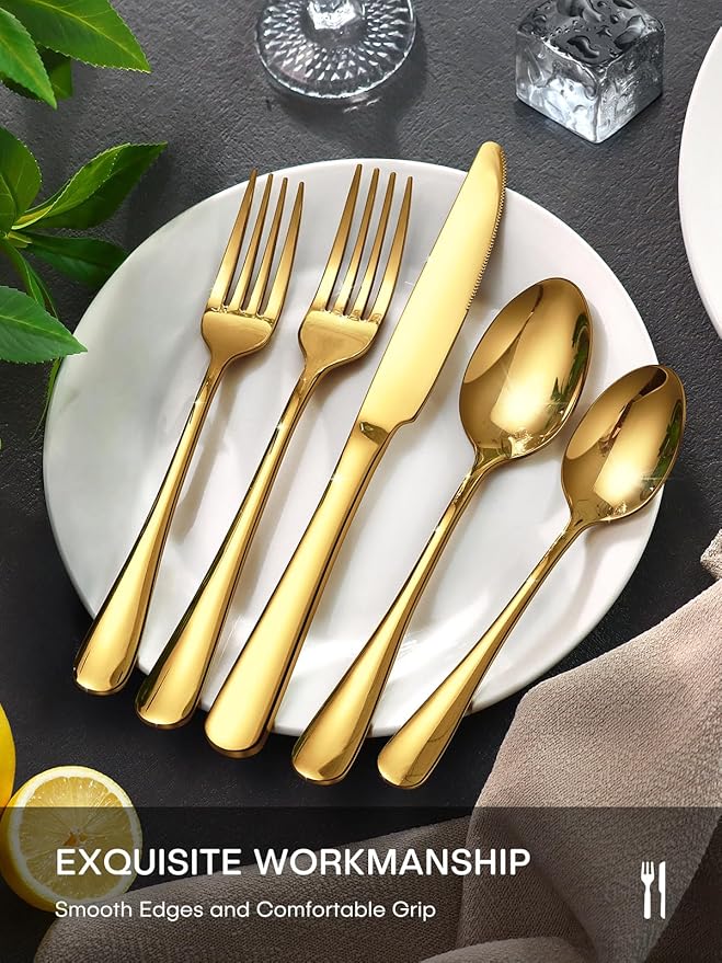 Gold Silverware Set for 8, 40 Piece Food-Grade Stainless Steel Flatware Set, Rust-proof Mirror Polished Cutlery Utensil Set Include Knives Forks Spoons for Kitchen Restaurant,Dishwasher Safe