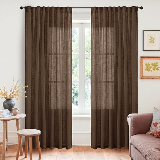 YoungsTex Brown Linen Curtains 80 Inch Length for Living Room - Light Filtering Semi Sheer Drapes Textured with Rod Pocket Back Tab for Dining Bedroom, 2 Panels, 52 X 80 Inch