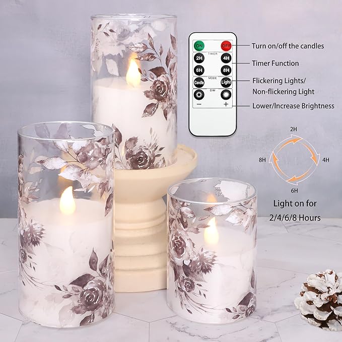 Black Rose Flameless Candles with Remote & Timer - Romantic Theme 2AA Battery Operated Candles - Home Christmas Farmhouse Summer Decorations - Set of 3 (D3 X H4 5" 6")