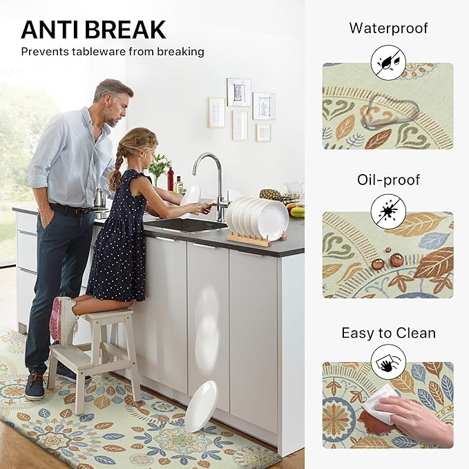 GENIMO Kitchen Mats for Floor 2PCS, Washable Cushioned Kitchen Rugs Non Slip, Farmhouse Anti Fatigue Mat Waterproof, Comfort Standing Mat Rug for Home, Laundry, Office, 17.3"x47"+17.3"x30", Beige&Blue