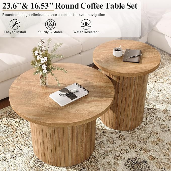 Nesting Coffee Table Set of 2, Mid Century Modern Round Coffee Table, Wood Slat Side Table Set for Living Room, Office, Balcony (Natural Oak)