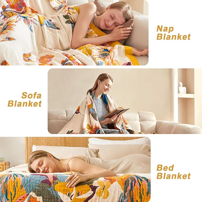 Boho Throw Blanket for Bed 60"x80", 100% Soft Cotton Bohemian Blankets with Rustic Floral Printed Decor, Fall Throw Blanket for Couch Cozy Breathable Twin Size All Season