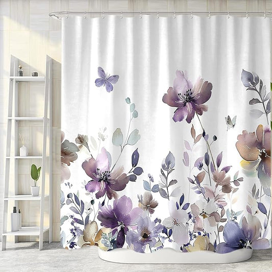 Sanzugh Purple Floral Shower Curtain, Cute Boho Watercolor Flower Wildflower Leaves Butterfly White Fabric Shower Curtains Set for Bathroom Decorative with Hooks 60 X 72 inch Spring Bath Decor